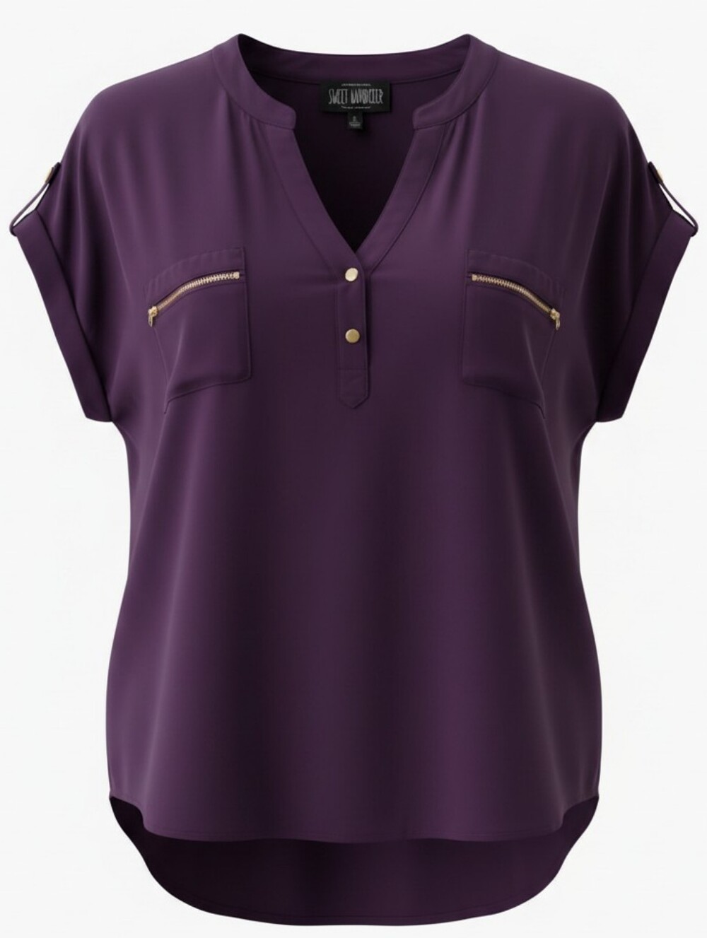 Flower & Feather Women's Plum V-Neck Blouse with Gold Zippers Size 2XL